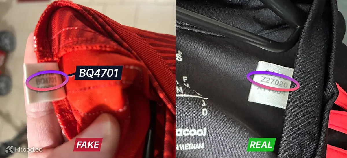 Comparison of authentic vs fake Adidas product code labels showing Mexico 2018 code on fake Bayern kit vs correct Ajax 2013 code