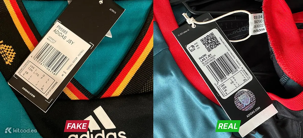 Comparison of authentic vs fake Adidas swing tags showing generic ADIDAS JSY label on fake vs specific club name and barcode on authentic