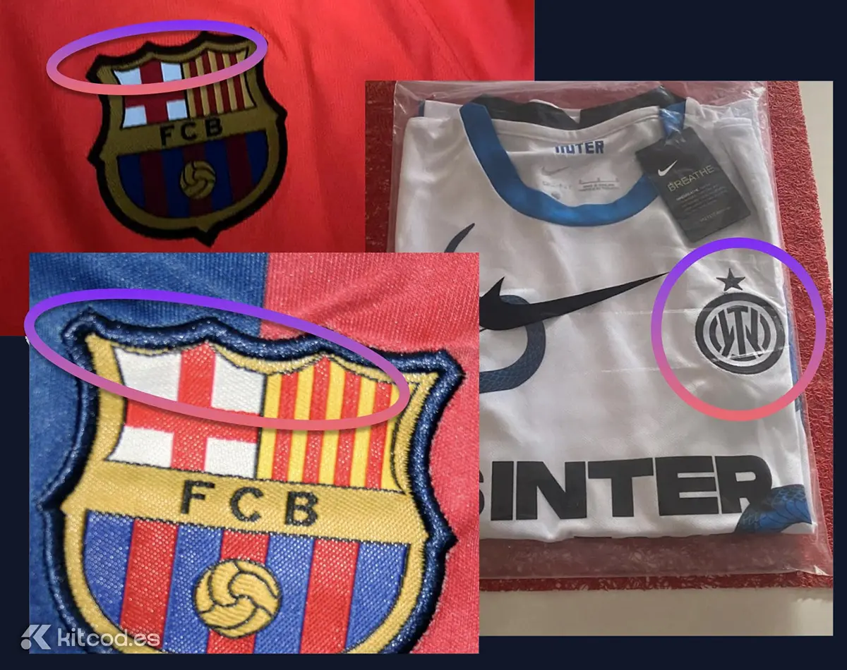 Comparison of poorly embroidered fake club crests showing loose threads rough stitching and uneven edges