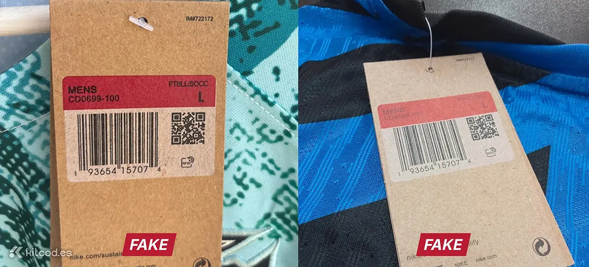 Fake Nike swing tag showing printed-on label instead of authentic removable physical sticker - major counterfeit red flag