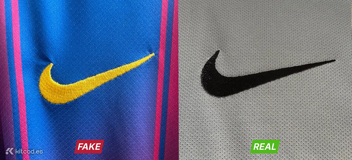 Authentic Nike Swoosh logo showing clean precise embroidery with sharp edges vs fake showing fabric gathering and poor stitching