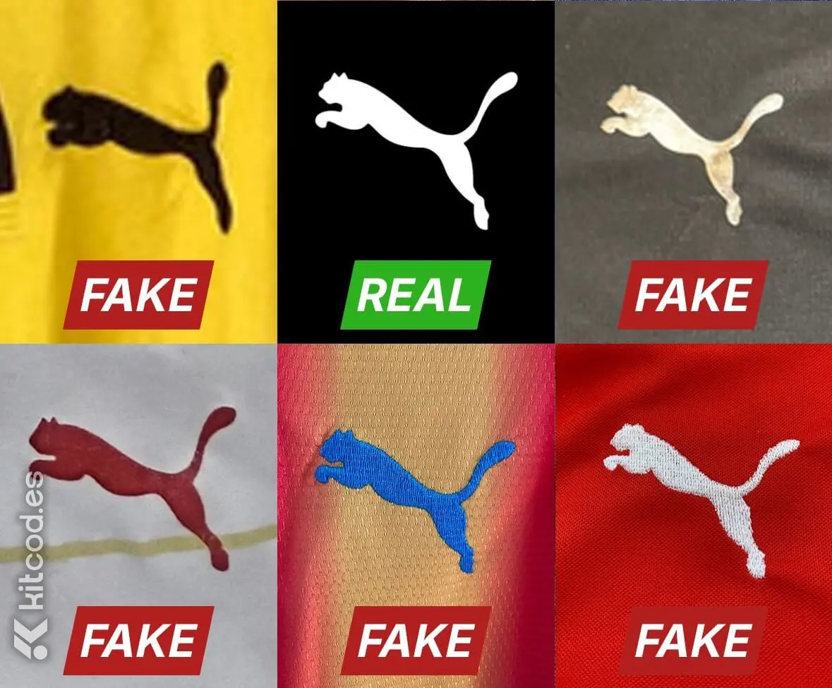 Comparison of authentic sleek Puma leaping cat logo vs fake Fat Cat showing distorted proportions thick body and poor stitching