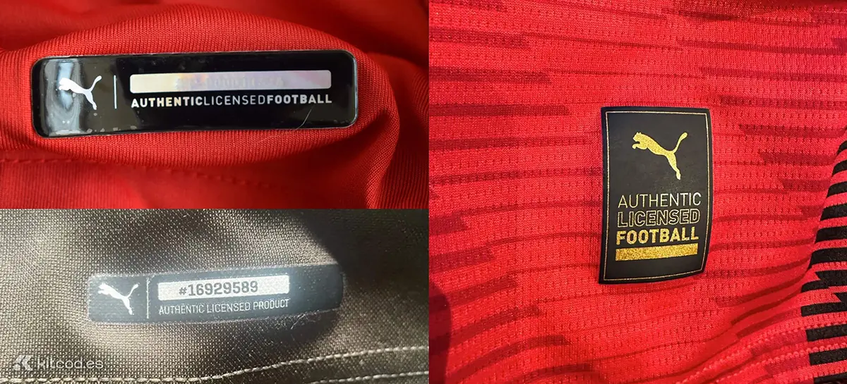 Puma security tags at bottom left showing alphanumeric authentication code on older kits and Authentic Licensed Football text on recent releases