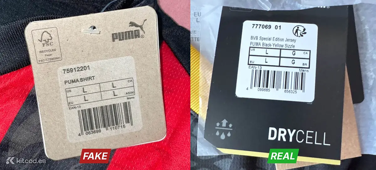 Authentic Puma swing tag with removable physical sticker showing product code size and barcode information