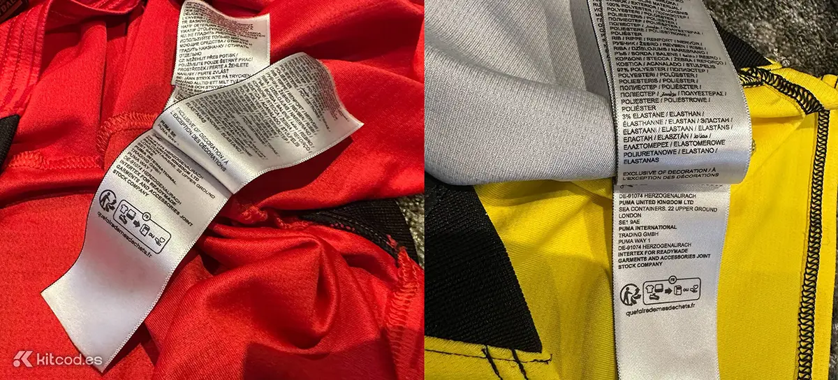 Puma care labels sewn into inner side seam showing washing instructions manufacturing country and fabric composition